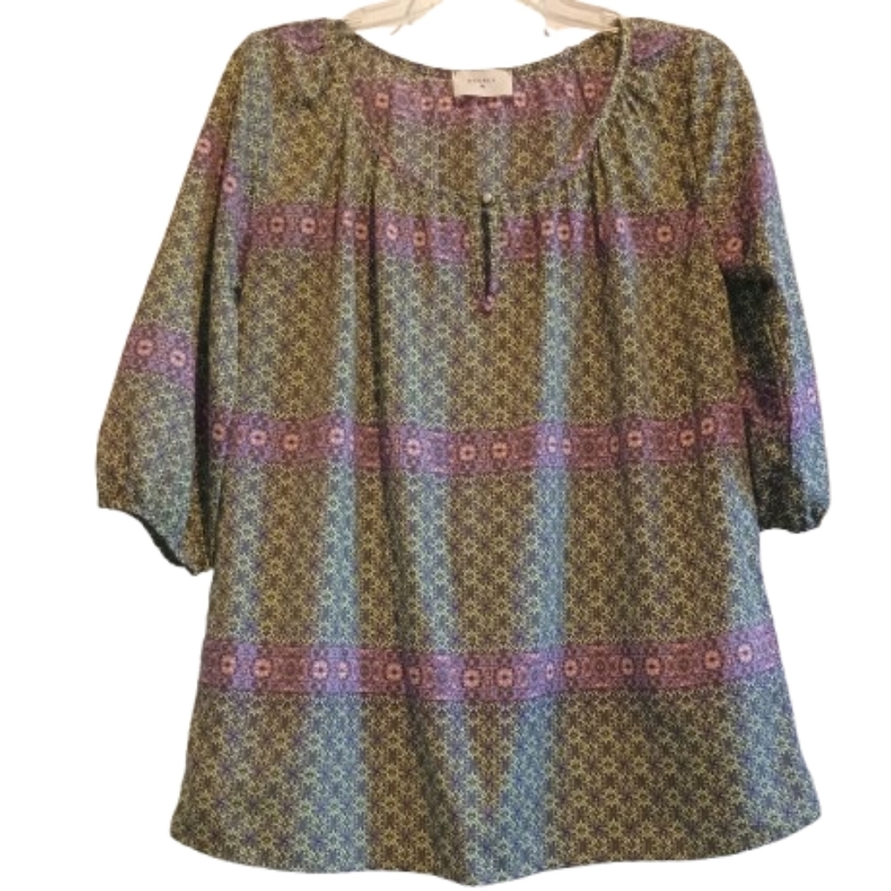 Everly Boho Floral Tunic Top Small Multicolor 3/4 Sleeve Peasant Blouse USA